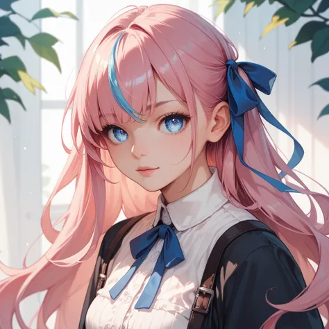  1 girl,  high detail, Long hair, Pink hair with white tips‚ blue highlights‚ blue eyes, Bright eyes, Hair Ribbon, Anime, 