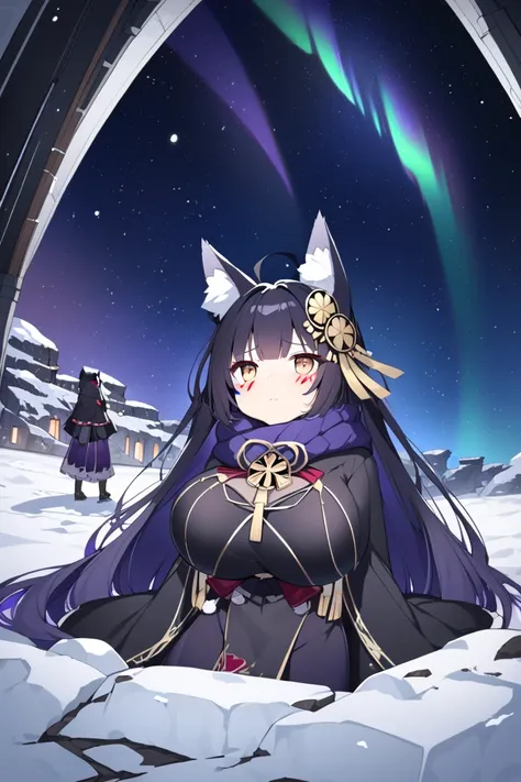 dark night, stars, starry sky, starfall, northen lights,  Stargazing, clear sky. snow, snowfall, ancient ruins, tombstones, 1girl, fox ears, fox tail, long hair, black hair, hair ornament, indian red beautiful eyes,  huge breast, black fur-trimmed kimono, ...