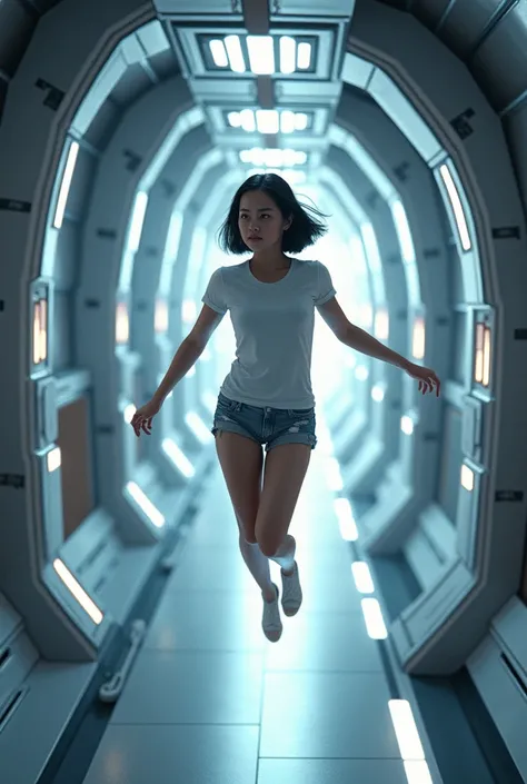 Realistic, theme is "Space Station", a female astronaut dressed in casual clothes of a short-sleeved T-shirt and shorts swims in zero gravity inside the space station and moves through a narrow tunnel-like passage, her medium bob hair is flying in the air ...