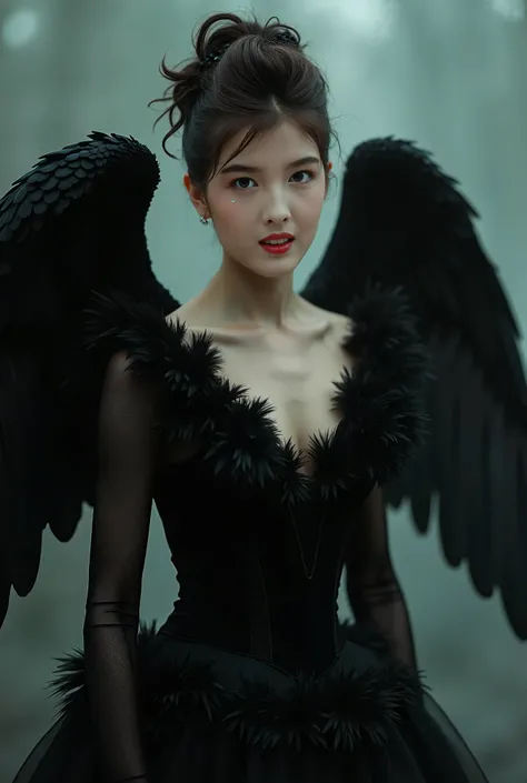 /I Surrealist photography, female star Audrey Hepburn, delicate and realistic skin texture, dark theme, dynamic blur, hazy aesthetics, dynamic, noble, strong contrast between light and dark, high-end, mysterious, a pair of plump black wings, diamond makeup...