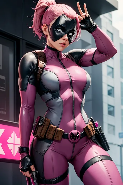 A female character that is a pink and grey version of Deadpool