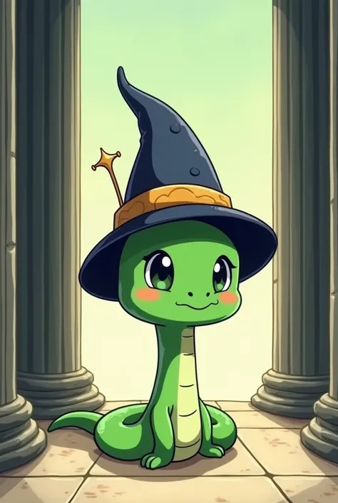 Chibi cartoon
1 little green snake  (Legless )
 wearing a sorcerers hat
In the middle between the black pole on the left and the white pole on the right.
In a Greek temple
Japanese Anime Picture Style
