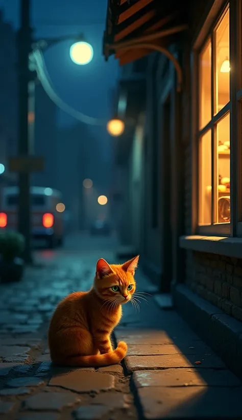 "A dimly lit street at night with an orange tabby cat crouched low near a bakery. The cat’s fur is slightly scruffy, and its vivid green eyes shine in the moonlight. The bakery window is partially open, with warm light spilling out, casting long shadows on...