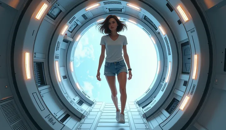 Realistic, theme is "Space Station", a female astronaut in casual clothes of a short-sleeved T-shirt and shorts swims in zero gravity inside the space station and moves through a narrow tunnel-like passage, her medium bob hair is flying in the air in zero ...