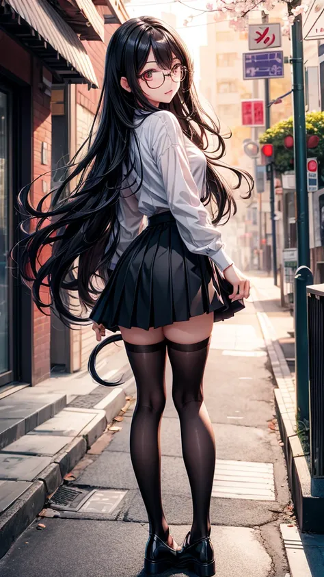 (( better quality )), (( masterpiece )), (Detailed), ( Black pleated skirt for students ,  dynamic lighting , movie lighting), 動漫wind格, ((( full body ))), Cute Japanese girl, ((dorsal view,  looking back )),  looking at the audience ,  wind ,  perfect body...