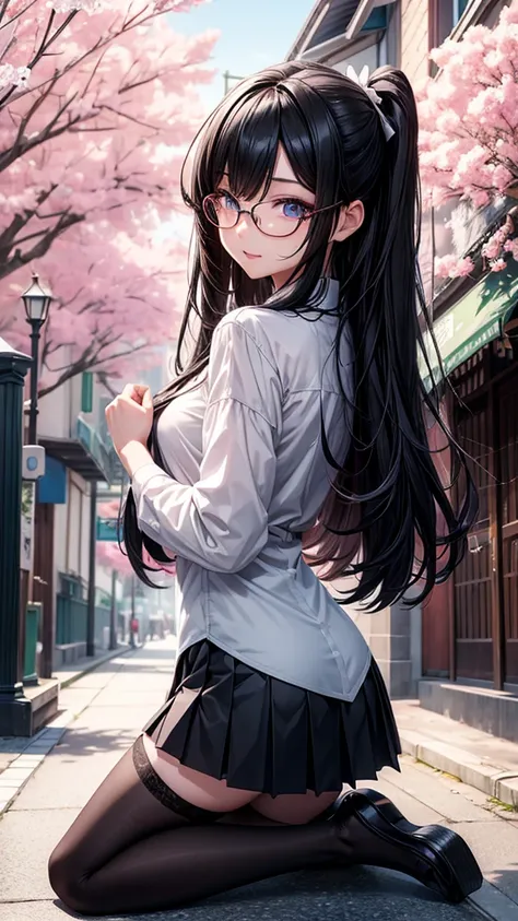 (( better quality )), (( masterpiece )), (Detailed), ( Black pleated skirt for students ,  dynamic lighting , movie lighting), 動漫wind格, ((( full body ))), Cute Japanese girl, ((dorsal view,  looking back )),  looking at the audience ,  wind ,  perfect body...