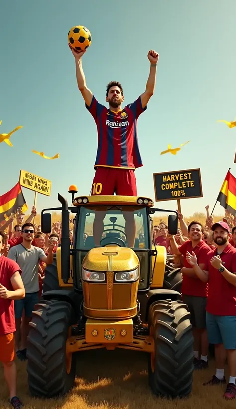 5: Messis Winning Celebration

Prompt:
"Messi standing triumphantly on top of a shiny golden tractor, holding a glowing football above his head. Fans (farmers and football enthusiasts) are cheering in the background, waving flags and signs with messages li...