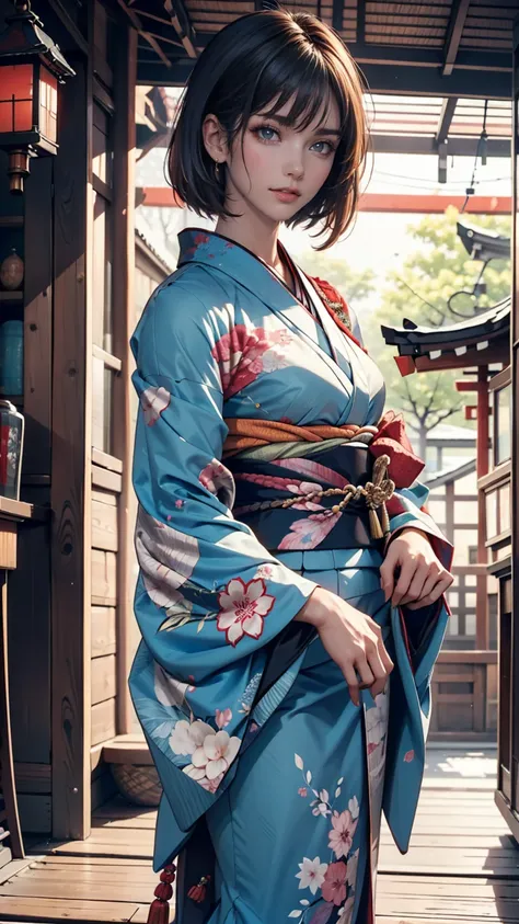 top quality,   Masterpiece ,  is high definition,  1 girl,  beautiful perfect face,  bob cut , 日本のkimono,kimono,  Intricate Details,  cinematic atmosphere , 8k,  very detailed  