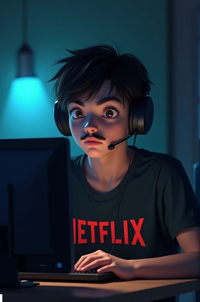 Dark-haired boy with black hair, tshir NETFLIX, headset and mustache livestreaming on computer