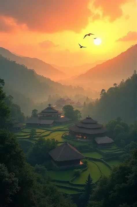 Background Details:
A small, traditional Nepali village in the distance with thatched-roof houses and terraced fields. A few birds are flying across the glowing sunset.