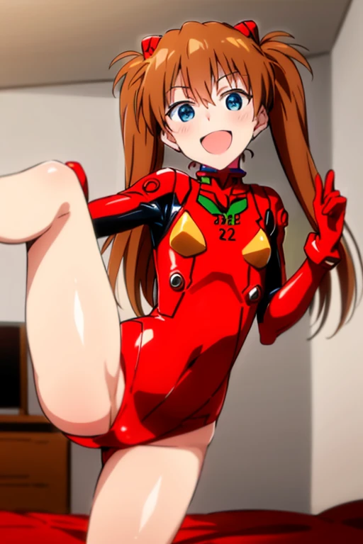 (( top quality)), ((masterpiece)), (be familiar with),  perfect face, indoor, bedroom,  watching viewers,
One woman,  Soryu Asuka Langley,
 open mouth,  with an ecstatic expression , blush, smile,
 small tits,  flat chested, Young girl, Lori,  s,  girl,
 l...