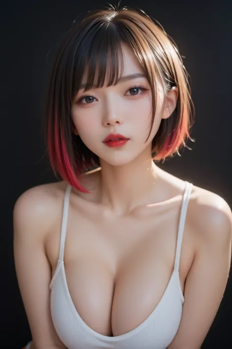 one asian girl, An ennui look、Upper body angle、 black background、bob cut、 short hair, colorful hair, parted lips, red lips, highest quality、masterpiece、big breasts, cleavage, 