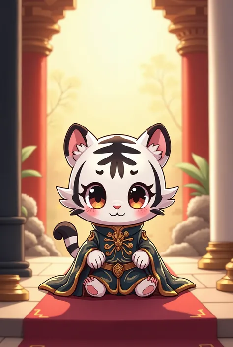 Chibi cartoon
1 white and black tiger cub
Be on the seat
Wear a priestess, queen dress
Black pole on the left
WHITE PILLAR ON THE RIGHT
In the church
Japanese Anime Picture Style
