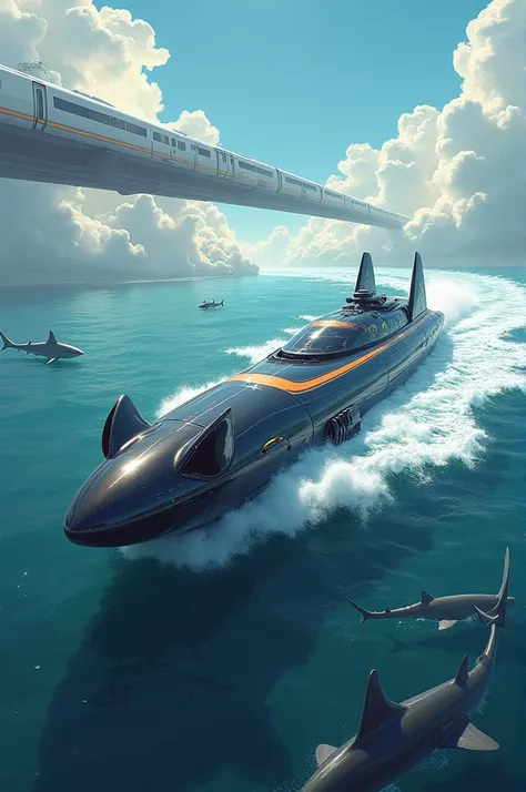 Cat transport ship, ocean, sea with sharks, sky with electric train 