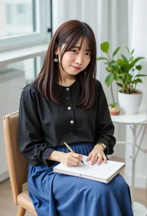 (8k,  RAW photos ,  top quality,   Masterpiece :1.2),( realistic , photo- realistic :1.37),  Ultra Details,
 1 girl, Alone,work,  skirt,  sitting, gem,  earrings,  shirt, blue  skirt, long  skirt,  Long Sleeve , smile, black  shirt, plant,  rock, bangs, wh...