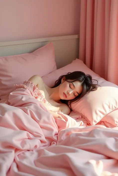  as Sarah lay in bed， pink clothes 