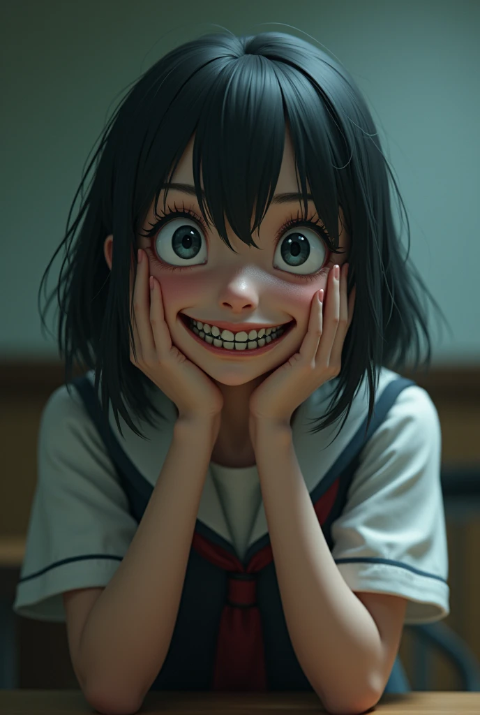 Japanese student evil laughing with hands on her eyes and looking up 