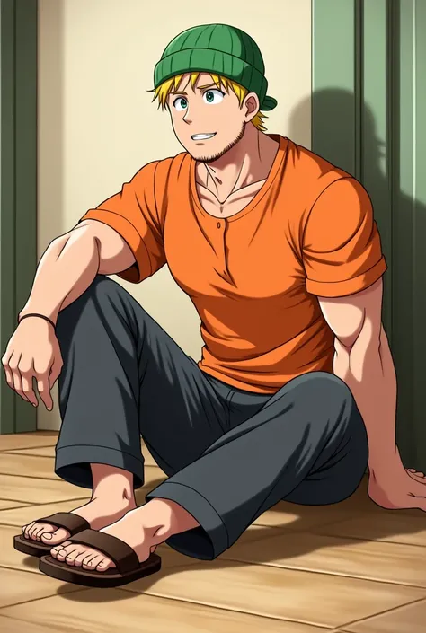 Tall Man, with round face, with short thin yellow haircut, muscular, in Anime, wearing his green Beanie on his head, his orange short kurta, Dark Gray pants, wearing his brown sandals, sitting on the floor, kicking his feet