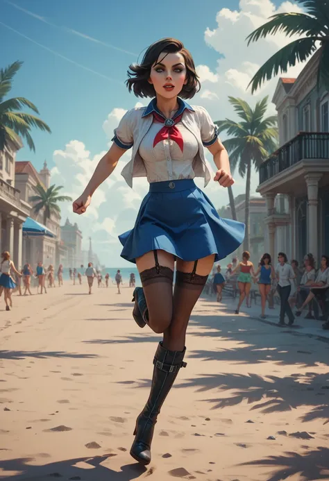 Realistic, Elizabeth Comstock from "Bioshock Infinite", Shirt, Neckerchief, Skirt, Boots, Open clothes, Miniskirt, Garter straps, Thighhighs, low-heeled boots, ((running)), indoor artifical beach background