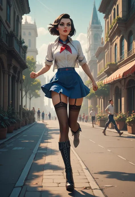 Realistic, Elizabeth Comstock from "Bioshock Infinite", Shirt, Neckerchief, Skirt, Boots, Open clothes, Miniskirt, Garter straps, Thighhighs, low-heeled boots, ((running)), indoor artifical beach background