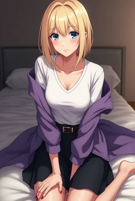 anime adult woman in her 30s, bob cut blonde hair, blue eyes, white v-neck shirt, purple jacket, black skirt, bare feet, red pedicure and manicure