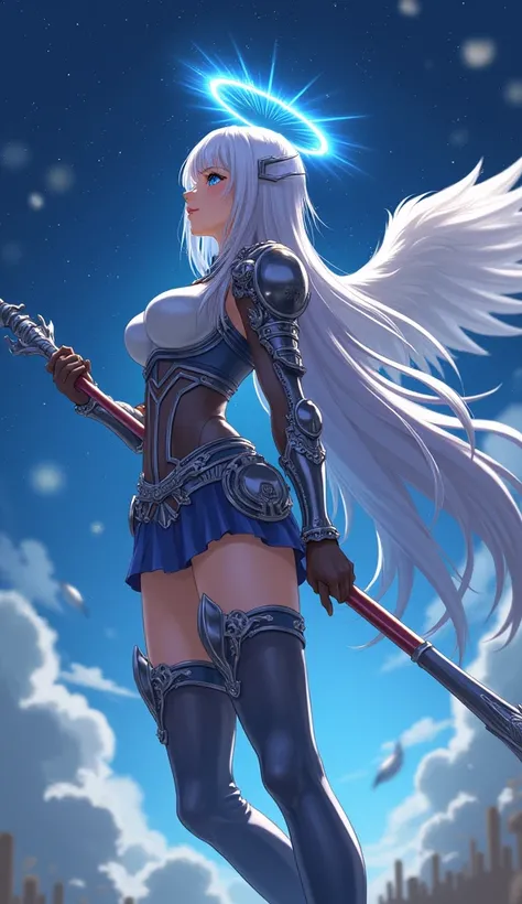 1girl,solo,long hair,breasts,thighhighs,holding,weapon,boots,outdoors,wings,holding weapon,
armor,from side,profile,thigh boots,halo,helmet,polearm,shoulder armor,gauntlets,blue eyes,large breasts,thighhighs,gloves,very long hair,star (sky),starry sky,scie...