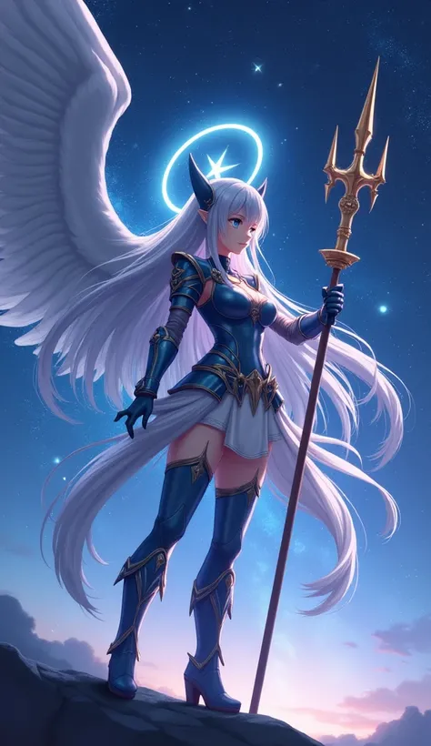 1girl,solo,long hair,breasts,thighhighs,holding,weapon,boots,outdoors,wings,holding weapon,
armor,from side,profile,thigh boots,halo,helmet,polearm,shoulder armor,gauntlets,blue eyes,large breasts,thighhighs,gloves,very long hair,star (sky),starry sky,scie...