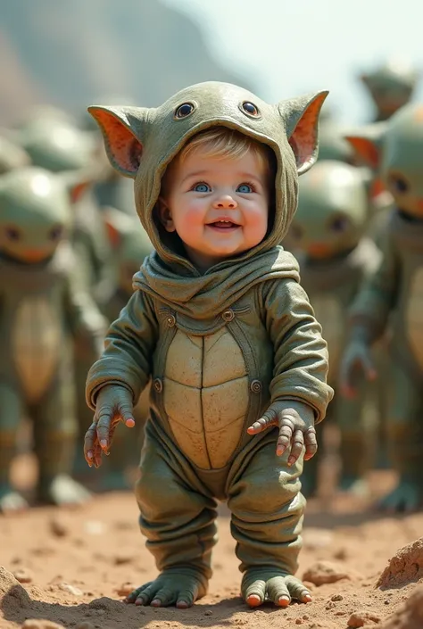  a baby standing in a big, lifelike alien costume、 real、Blonde、 A baby of about 6 months 、 blue eyes、 cute、smile、Like a photo、 and lots of aliens at the feet 、The background is a planet 