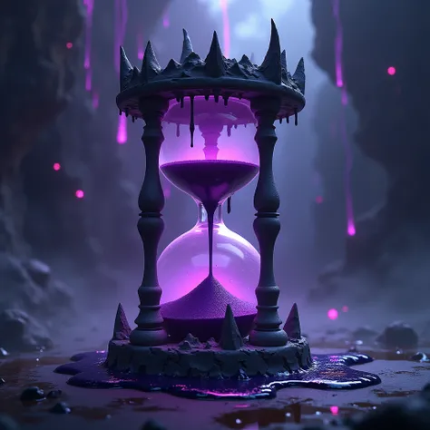  A time hourglass eroded by dark energy ， The glass became gray and cracked ， The sand inside turned into a black liquid ，Slowly dripping down ， emitting dark fog and a strange purple glow 。 The edge of the hourglass was covered with spikes and spell-like ...