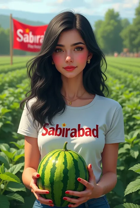  Black haired Azerbaijani lady with black hair.  T-shirt has Sabirabad inscription .    Holding watermelon in his hand .  Watermelon field .  There is a banner in the background .   The banner has Sabirabad inscription . Geekechist 