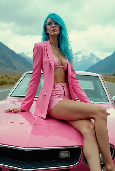  playmate sitting on hood of 1968 pink car — AMC AMX,   mini skirt and pink jacket  , long legs, high heels, cloudy sky, Mountains in the distance, Autobahn,  left side view . Upper body close-up , Light blue hair