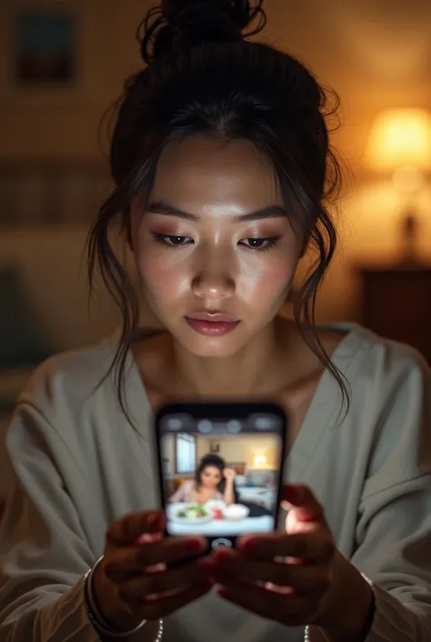  A YOUNG WOMAN IS IN HER ROOM LOOKING AT HER CELL PHONE . ON THE SCREEN YOU CAN SEE PHOTOS OF INFLUENCERS ,  WEARING TRENDY CLOTHES AND EATING IN LUXURIOUS RESTAURANTS