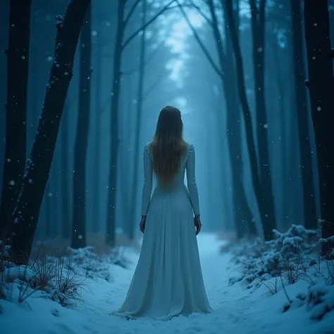 (((  please wear a long sleeve white dress  、 Deep in the forest , Deep blue light  ))),  Use ,  snow is falling  ,  Russian woman is looking up  ,  Supermodel  , Perfect Proportions ,  long golden hair , (( I was wearing a long white long sleeve dress )),...