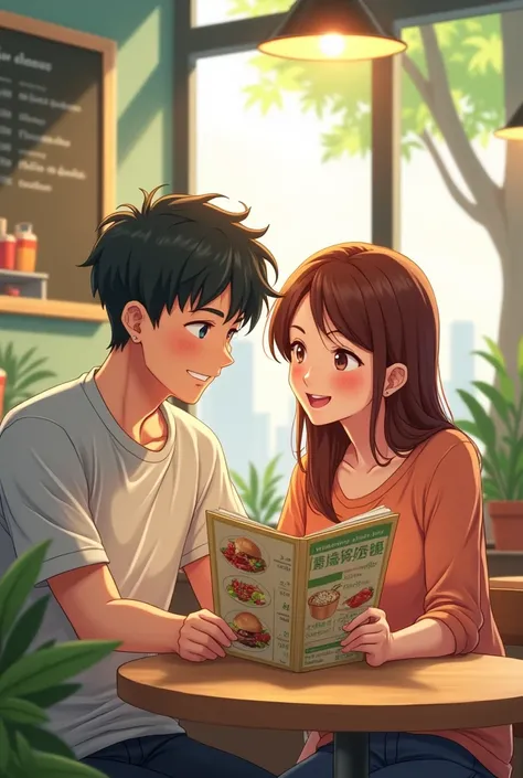 Make Two Friends, who are sitting at a table reviewing the healthy university menu and talking about it, (Man and woman), ( anime style).