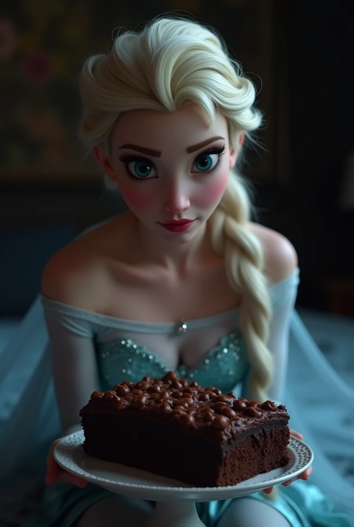 cinematic film still c3d Elsa from Frozen naked in bedroomhocolate, chocolate cake, dark background, quality photo, moist texture, frosting, studio photo, slice . shallow depth of field, vignette, highly detailed, high budget, bokeh, cinemascope, moody, ep...