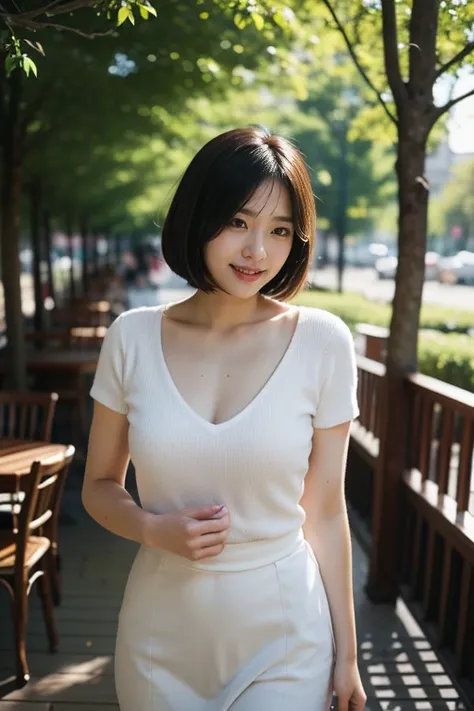 (In 16K,highest quality,masterpiece,Realistic,RAW Photos,Super Fine Clear,dramatic lighting,wide shot,),Beautiful Japanese Woman,((30-year-old woman)),short sleeve knit,(ample breasts,curvy,tall,unkempt bobcut,era of asian eyes,tareme:1.3,hooked nose,natur...