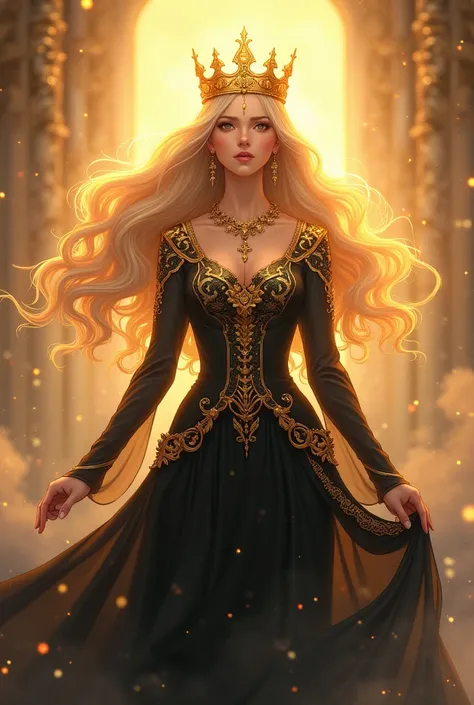 Anime style. Goddess of emotions. Golden skin and hair. Black clothes. Golden crown.