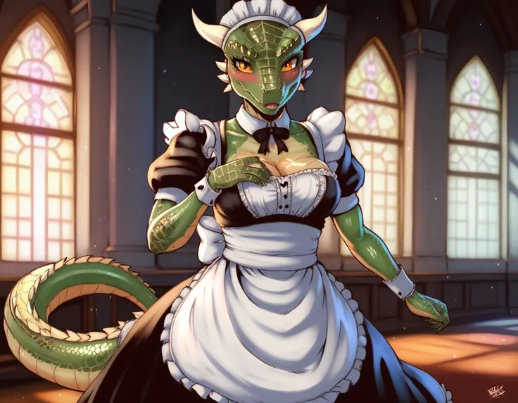 anime, hdr, soft light, ((best quality)), ((masterpiece)), (detailed), lustyargonian, maid, colored skin, green skin, maid headdress, tail, horns, (scales:1.2), (snout, animal nose:1.1), blush, embarrassed, (looking at viewer:1.1), cowboy shot, captivating...