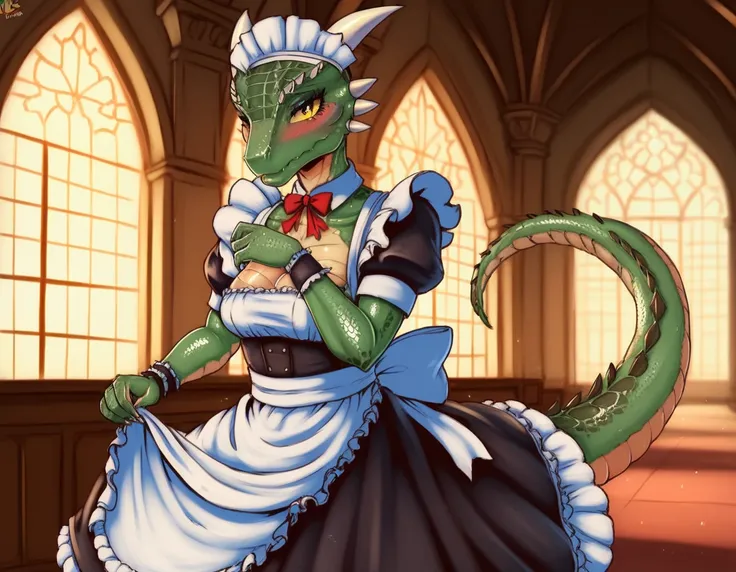 anime, hdr, soft light, ((best quality)), ((masterpiece)), (detailed), lustyargonian, maid, colored skin, green skin, maid headdress, tail, horns, (scales:1.2), (snout, animal nose:1.1), blush, embarrassed, (looking at viewer:1.1), cowboy shot, captivating...