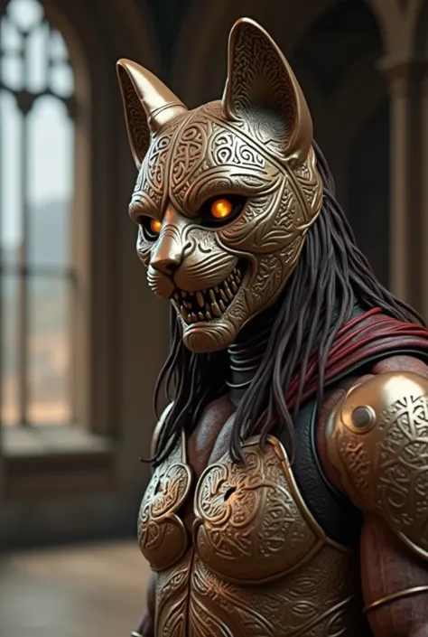 Gladiator with intricate insanely detail cat metal mask Celtic knot patterns,, 3D effect ultra-detailed intricate insanely full HD, black and gold, cgsociety contest winner, artstation quality, masterpiece, hyper realistic, depth of field, motion lines, ac...