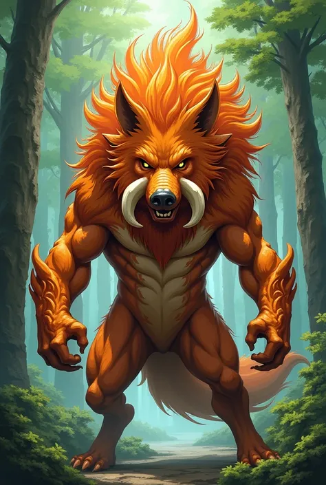 Anime style. Part wolf. Part boar. boar tusks. Orange coloring. 