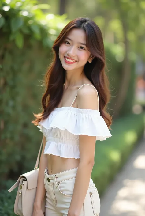 Cute Thai woman with long brown hair, light white skin standing smiling poses outdoors wearing a white off-the-shoulder crop top and matching light jeans, carrying a light beige bag, natural daylight, light, light, light, light, light, light, light, pastel...