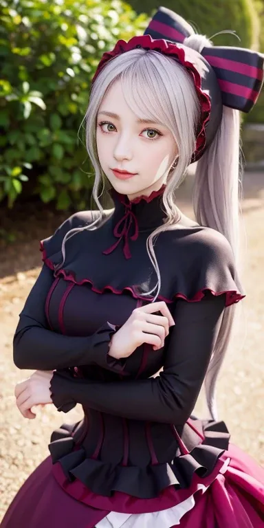 ,  top quality, Shalltear V4,  1 girl, Alone,  dress, frills, bow, hair bow, tooth,   faint smiles ,  pale skin, Shine, Shine eyes,  Portraits