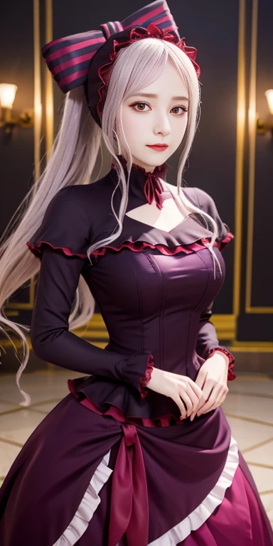 ,  top quality, Shalltear V4,  1 girl, Alone,  dress, frills, bow, hair bow, tooth,   faint smiles ,  pale skin, Shine, Shine eyes,  Portraits