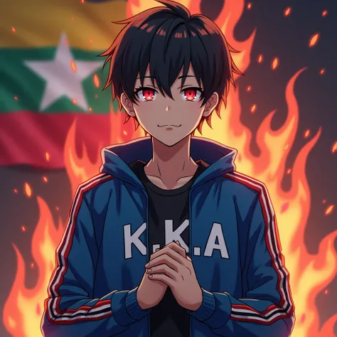 A young man is wearing a blue and black game jacket. "K.K.A" was written all over his shirt.He has a loyal face.He had his hands folded. He was looking with sharp eyes. His eye was red and shining. Myanmar flag, flame and lightning are used as background.T...