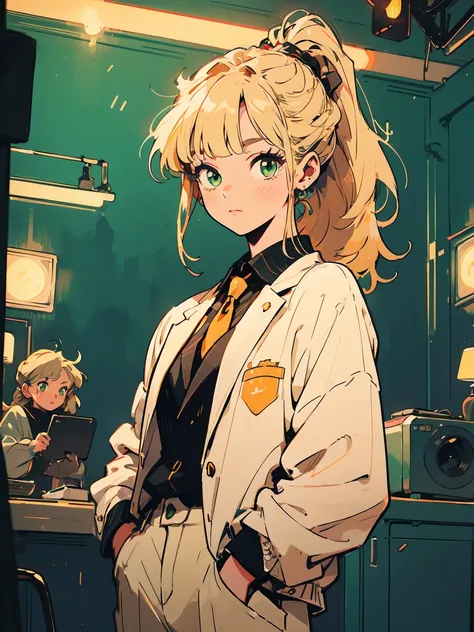 The girl who became an announcer, Blonde, ponytail, Blunt bangs, green Eyes, Yellow eyelashes, Beautiful Girls in Anime, Clean small surfaces, 1 cute girl, Adult Gal、improve, 23 years old,  high quality illustration 、 Wearing a Suit,  Newscaster Outfit , T...