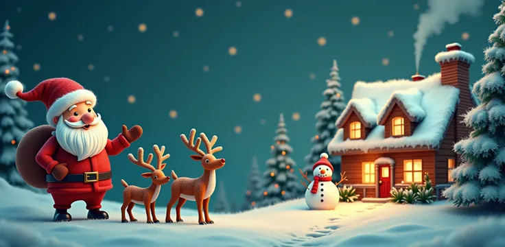  Santa Claus、 reindeer、 snowman、Xmas specification 、 retro house with chimney、 tree with lights 、 snowy night 、 Christmas Night、 subject that can be used as a banner 、 Merry Christmas 