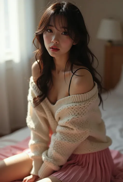  sexy Asian schoolgirl,  long thick dark hair , bang,  sweater falling off the shoulders , pink pleated skirt ,  sits on the floor in a sexy position , in my room