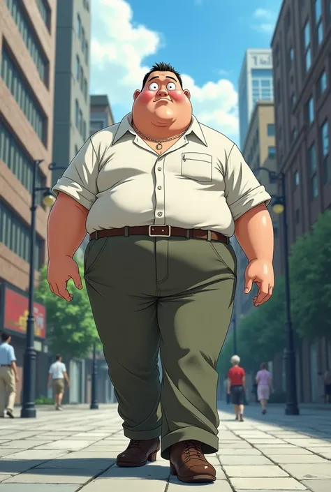 Fatty man in  walking on street . Full body . Anime pic look realistic