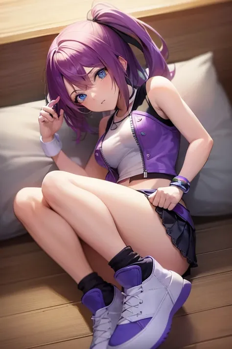 Kairi from kingdom hearts, white top with black undershirt, navel purple biker shorts, white and purple shoes, black joker, bracelets, in bedroom, thighs